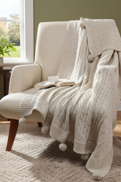 Sevim Pompom Knitwear Knitted Tv Blanket – Knitted Sofa & Shoulder Shawl & Knee Blanket – 130X170 cm – Dark Cream