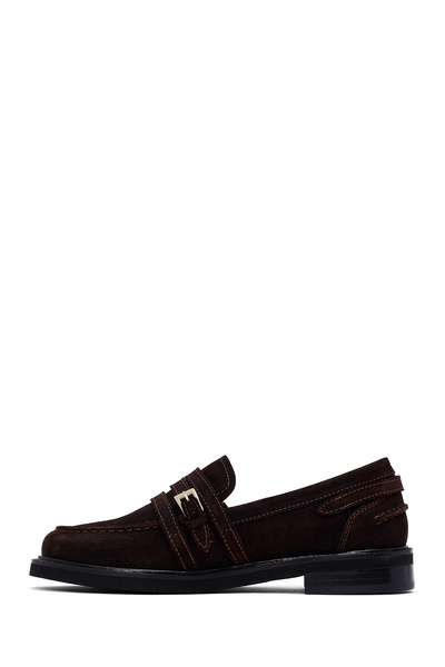Derimod Women's Brown Buckle Suede Leather Loafer 25Afd260110