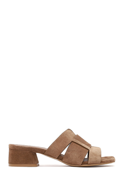 Derimod Women's Mink Thick Short Heeled Suede Leather Slippers 25Sfd141210