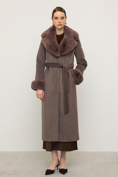 Olcay Long Coat with Detachable Fur Collar and Sleeves Latte 3088