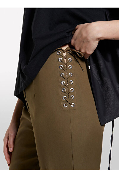 Sisley Women's Dark Khaki Cotton Blend Side Tie High Waist Cigarette Pants