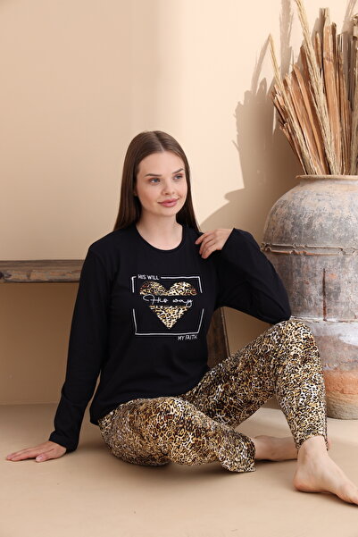 ELİTOL Σετ γυναικείες πιτζάμες μαύρο λεοπάρ με μακρυμάνικο βαμβακερό πλεκτό