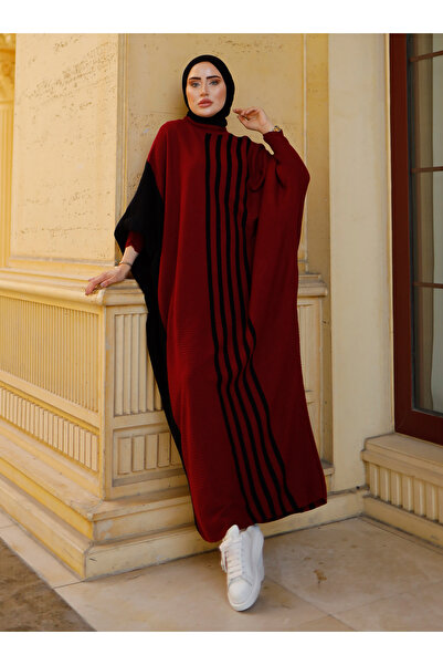 SAHRA BUTİK Claret Red Side ριγέ πλεκτό φόρεμα Hijab - Sahra Boutique