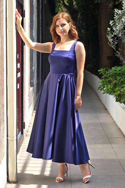 Yonca Moda Evi Lacivert Kare Yaka Askılı Midi Boy Abiye 7000