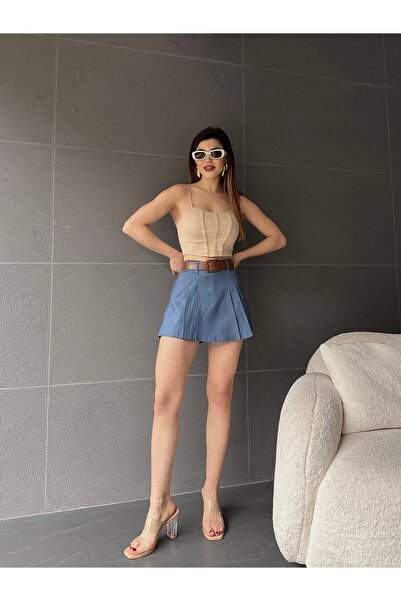 Fav Style Women's Belted Short Shorts with Skirt Detail on the Front Blue