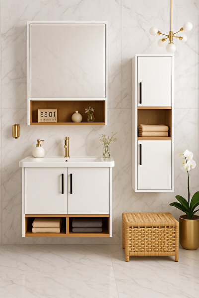 Tasarım Legna 65 cm Beyaz-Ahşap Renkli Mdf, Seramik Lavabolu Alt - Üst ve Boy Dolaplı Banyo Dolabı Seti