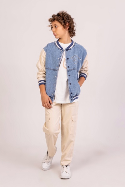 DMB BOYS & GIRLS Çaren Kids- Jachetă pentru colegiu din denim pentru bărbați cu detaliu de broderie-Jachetă pentru colegiu din denim pentru bărbați cu detaliu de broderie pe spate