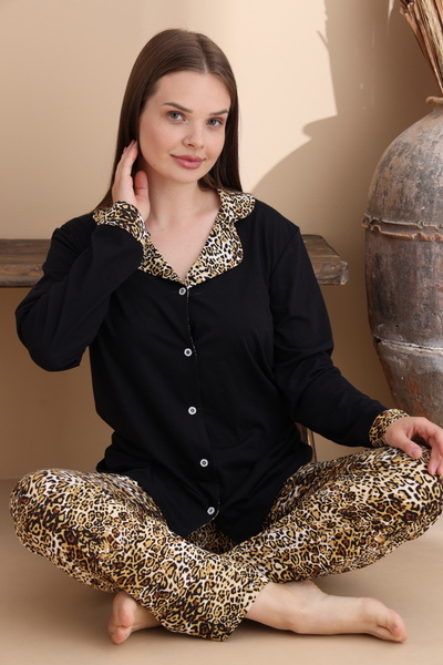 ELİTOL Siyah Leopar Desen Pamuklu Örme Uzun Kol Kadın Düğmeli Pijama Takımı