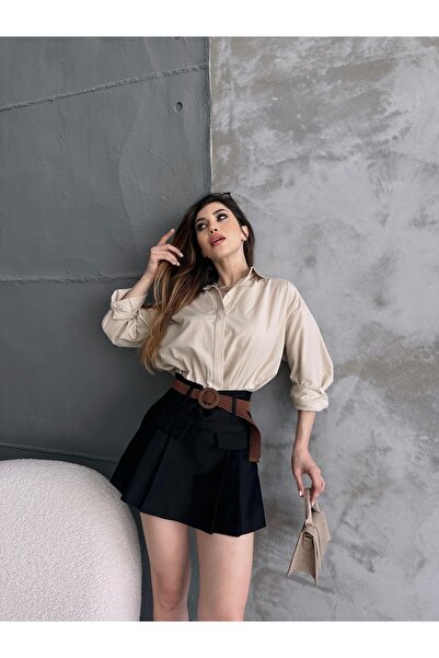 Fav Style Kadın Önü Kapaklı Piliseli Kemerli Mini Şort Etek Siyah