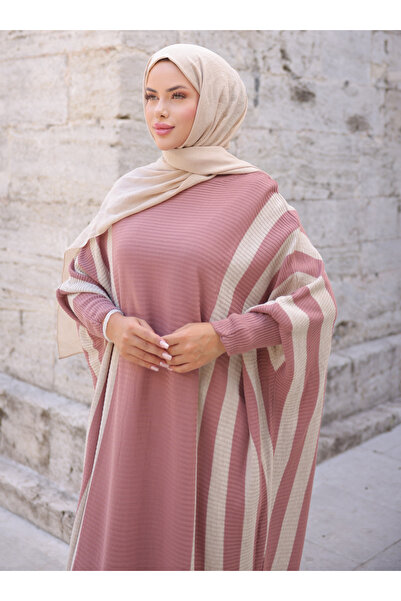 SAHRA BUTİK Dusty Rose ριγέ πλεκτό φόρεμα νυχτερίδας - Sahra Boutique