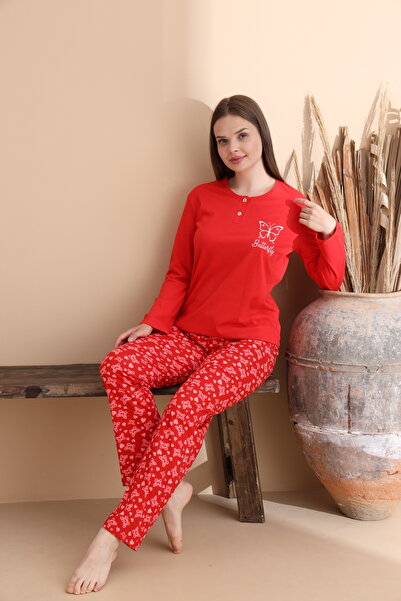 ELİTOL Nar Çiçeği Kelebek Desen Pamuklu Örme Uzun Kol Kadın Pijama Takımı