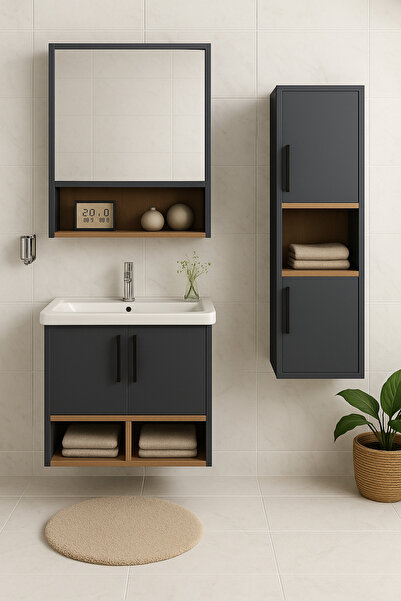 Tasarım Legna 65 cm Antrasit-Ahşap Renkli, Seramik Lavabolu, Alt - Üst ve Boy...