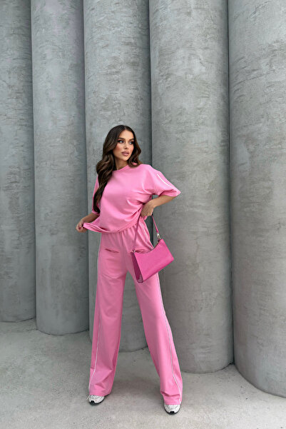 Bliss Γυναικείο ριγέ κοντομάνικο άνετο σετ φόρμας με κάτω μέρος ροζ