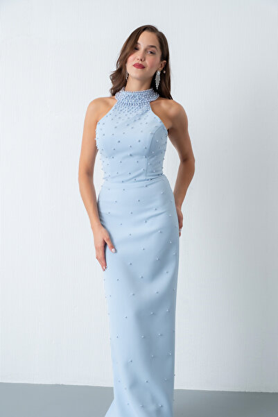 Lafaba Kadın Bebe Mavi Halter Yaka İncili Söz Nişan Nikah Abiye Elbise