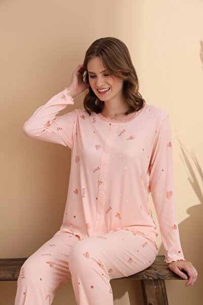 ELİTOL Kalp Love Desen Cares Örme Likralı Uzun Kol Kadın Pijama Takımı