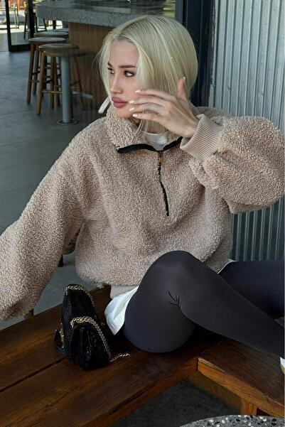 Madmext Bej Peluş Fermuar Yaka Sweatshirt MG1413