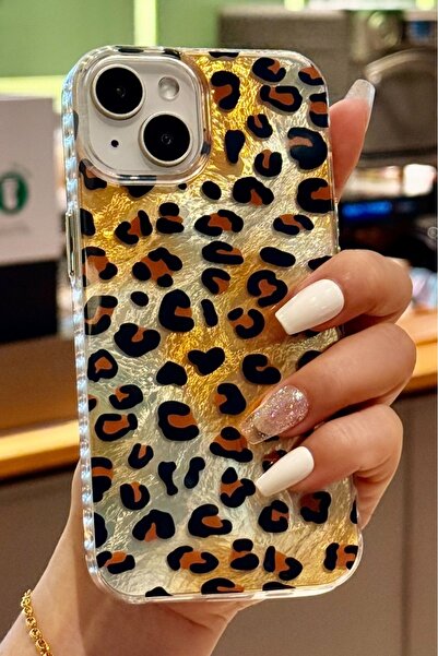 Fibaks iPhone 13/14/15 Kılıf Hologramlı Kahverengi Leopar Desenli Darbe Emici Kamera Korumalı Silikon