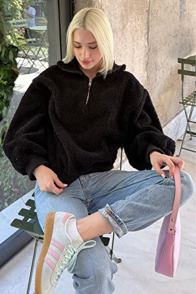Madmext Siyah Peluş Fermuar Yaka Sweatshirt MG1413