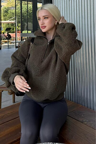 Madmext Haki Peluş Fermuar Yaka Sweatshirt MG1413