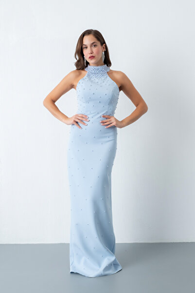 Lafaba Kadın Bebe Mavi Halter Yaka İncili Söz Nişan Nikah Abiye Elbise