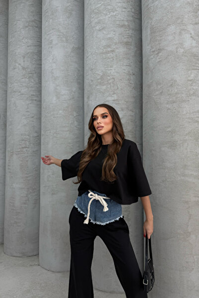 Bliss Γυναικείο Σετ Φούτερ με Λεπτομερή Μαύρο Μπλουζάκι Oversize Φαρδύ πόδι