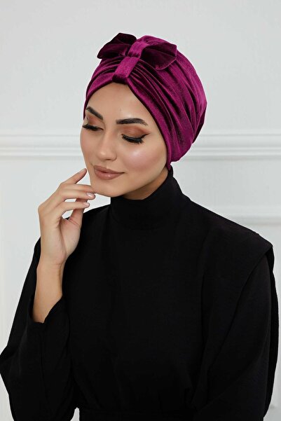 Aisha's Design Velvet Bonnet with Front Bow, Purple, B-7K, Purple