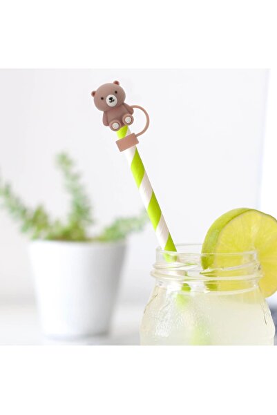 Yenigeldi 3 Adet 10mm Ayıcık Figürlü Silikon Pipet Kapağı Toz Geçirmez Stnly Quencher Uyumlu Tıpa Seti