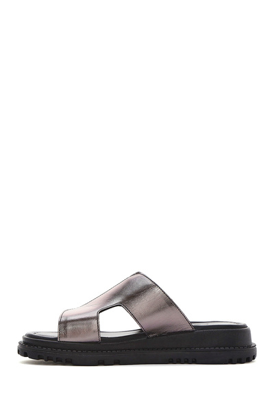 Derimod Women's Anthracite Thick Soled Metallic Leather Slippers 25Sfd300532