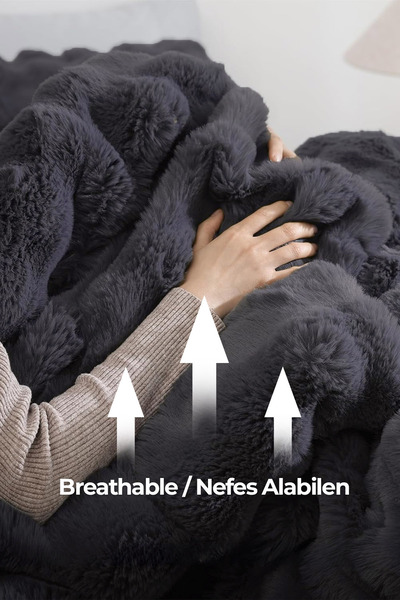 Evlen Home Collection Kürk Yatak Örtüsü Çift Kişilik Dolgulu Peluş Yumuşak Çift Taraflı Yorgan 3 Parça Lory Antrasit Füme