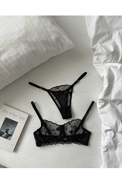 La Linaa Női fekete csipke tanga harisnyanadrág melltartó szett