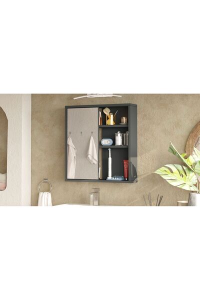 Yurupa Marble Aynalı Lavabo Üstü Banyo Dolabı Raflı Kapaklı 60cm Antrasit MAR1-AN