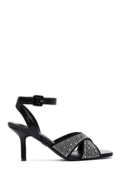 Derimod Women's Black Ankle Buckle Stone Thin Heeled Shoes Sandals 25Sfe4816Ts