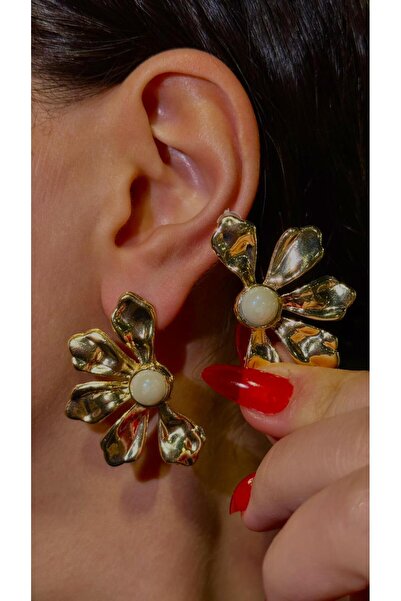 WOMEN'S GOLD PEARL FLOWER PATTERN EARRINGS | VİNTAGE ACCESSORY | DISCOLOURLESS GUARANTEED EARRINGS