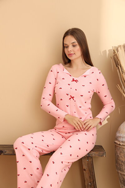 ELİTOL Set de pijamale pentru femei cu mâneci lungi, tricotate cu model de ci...