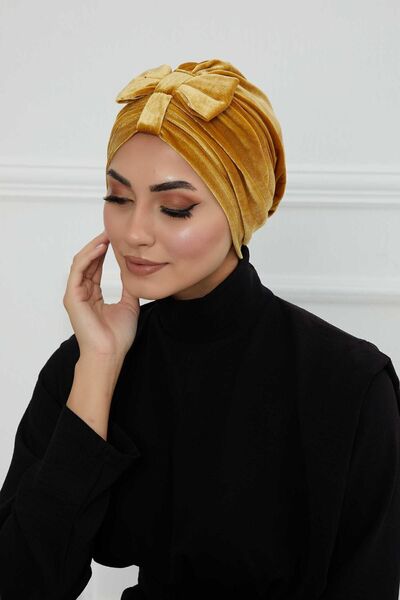 Aisha's Design Velvet Bonnet with Front Bow, Mustard, B-7K, Mustard