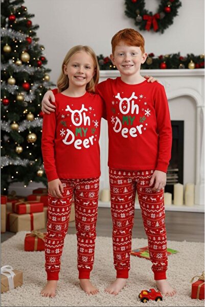 vitmo Girls / Boys Children's New Year's Deer Pattern Long Sleeve 100% Cotton Pajama Set