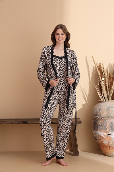 ELİTOL Σετ πιτζάμες Leopard Pattern Cares Πλεκτό Lycra μακρυμάνικο γυναικείο 3 τεμάχια