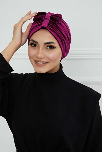 Aisha's Design Velvet Bonnet with Front Bow, Purple, B-7K, Purple