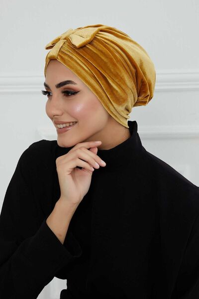 Aisha's Design Velvet Bonnet with Front Bow, Mustard, B-7K, Mustard