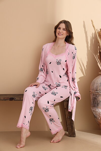 ELİTOL Tavşan Desen Cares Örme Likralı Uzun Kol Kadın 3'lü Sabahlık Pijama Takımı