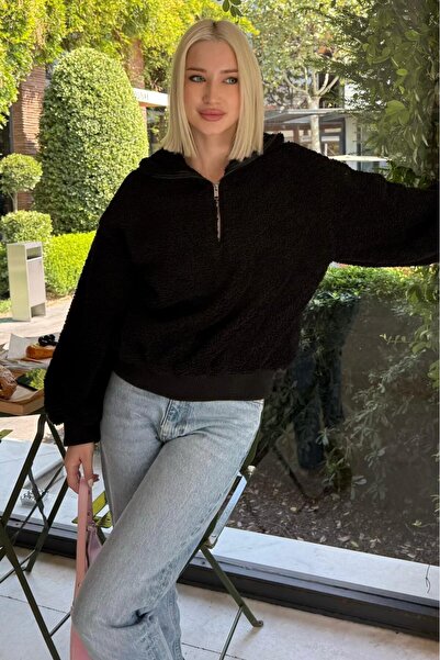 Madmext Siyah Peluş Fermuar Yaka Sweatshirt MG1413