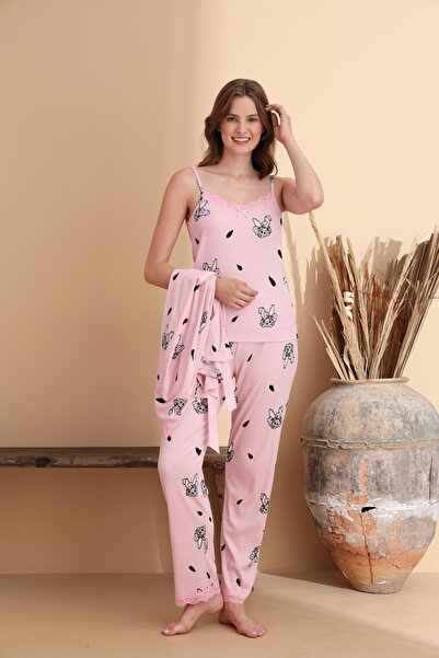 ELİTOL Tavşan Desen Cares Örme Likralı Uzun Kol Kadın 3'lü Sabahlık Pijama Takımı