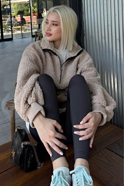 Madmext Bej Peluş Fermuar Yaka Sweatshirt MG1413