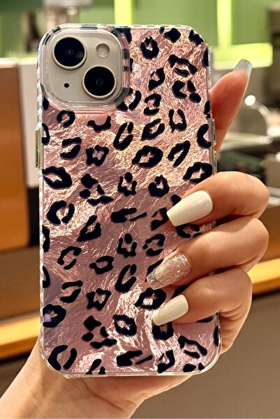 Fibaks iPhone 13/14/15 Case Holographic Pink Leopard Pattern Shock-Absorbing Camera Protection Silicone