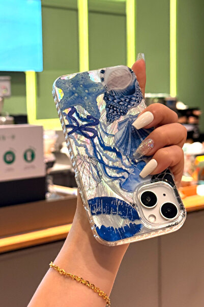 Fibaks iPhone 13/14/15 Kılıf Hologramlı Mavi Deniz Kabuğu Desenli Darbe Emici Kamera Korumalı Silikon