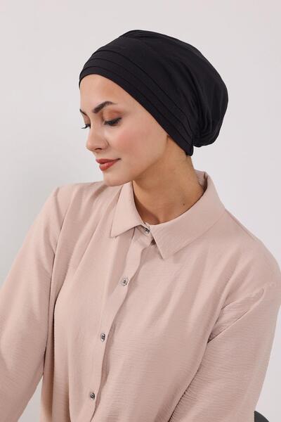 Aisha's Design Combed Cotton Bonnet Turban with Detachable Bow on the Back, S-4, Black