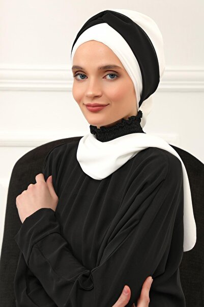 Ayşe Tasarım Turban din șifon cu design dublu culoare, ht-45, crem - negru