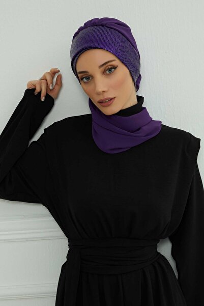 Ayşe Tasarım Chiffon Ready-To-Wear Turban with Scarf and Sequin Accessories, Ht-54P, Purple - Purple