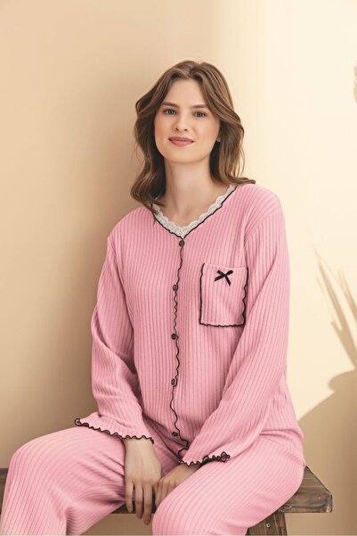 ELİTOL Pembe Raporlu Waffle Örme Uzun Kol Kadın Düğmeli Pijama Takımı