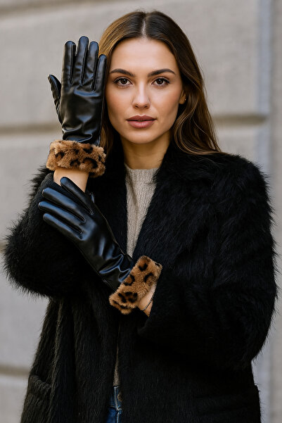Luminos Butik Women's Black Leather Leopard Fur Detailed Gloves Eld27